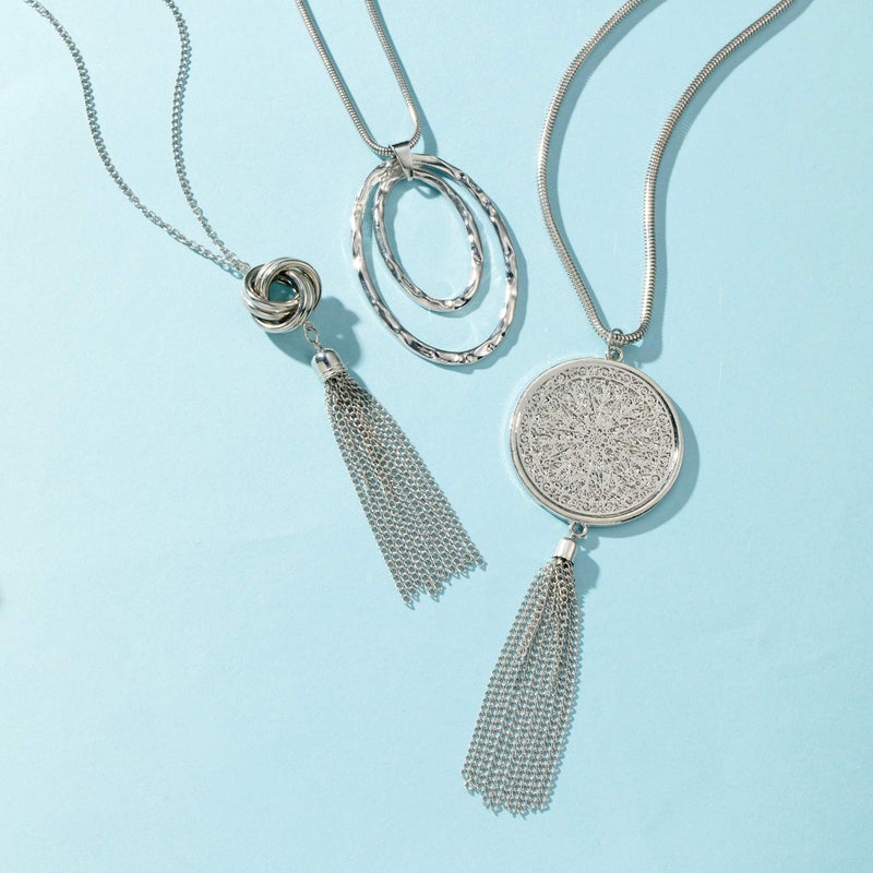 SEVENSTONE 6PCS Long Pendant Necklaces for Women Knot Disk Circle Tassel Statement Sweater Silver Necklace Set - Image 3